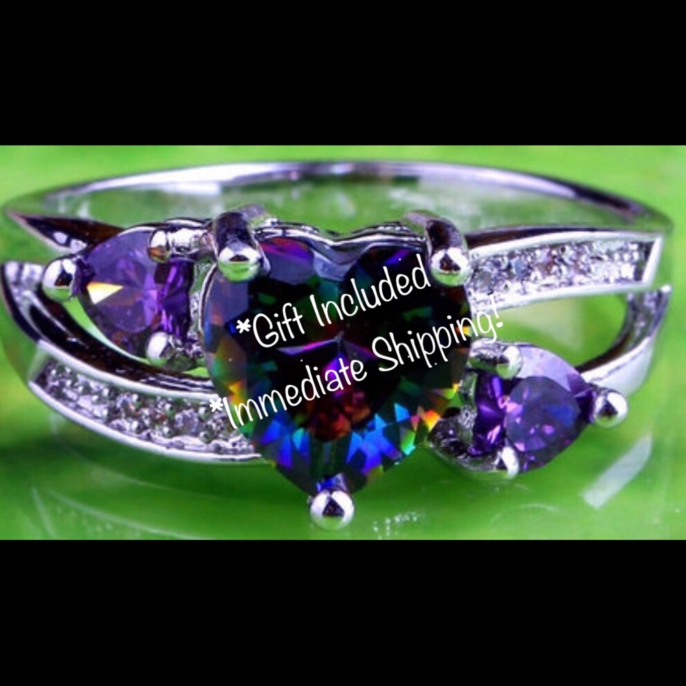 Silver Plated Rainbow Ring 2 Purple Hearts, CZ S 8